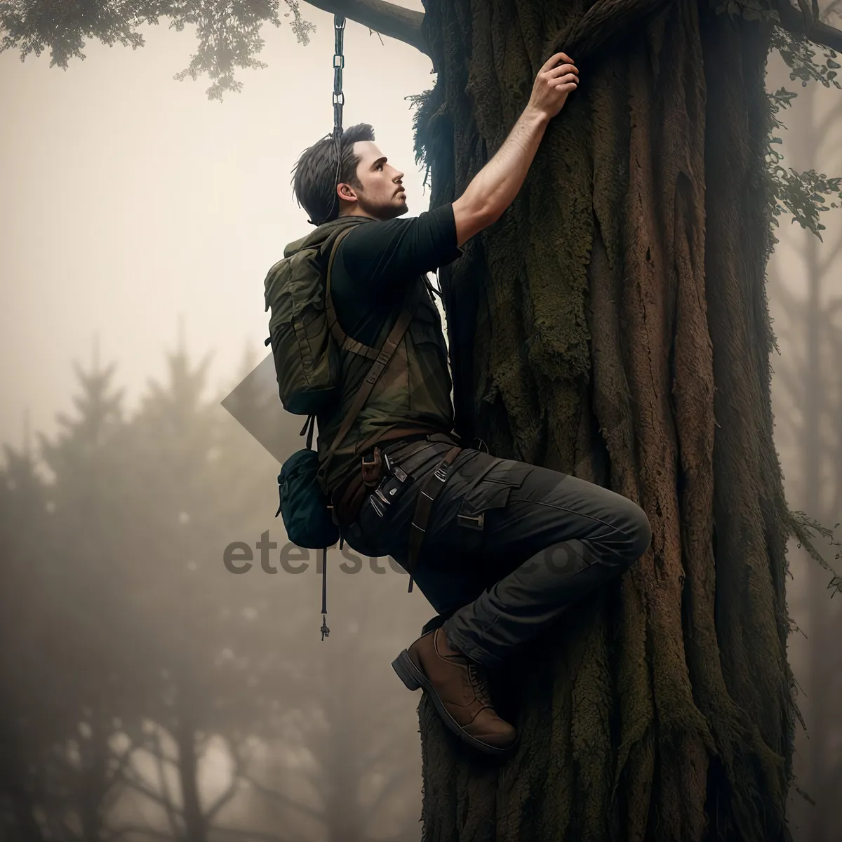 Picture of Male athlete swinging on outdoor device against clear sky