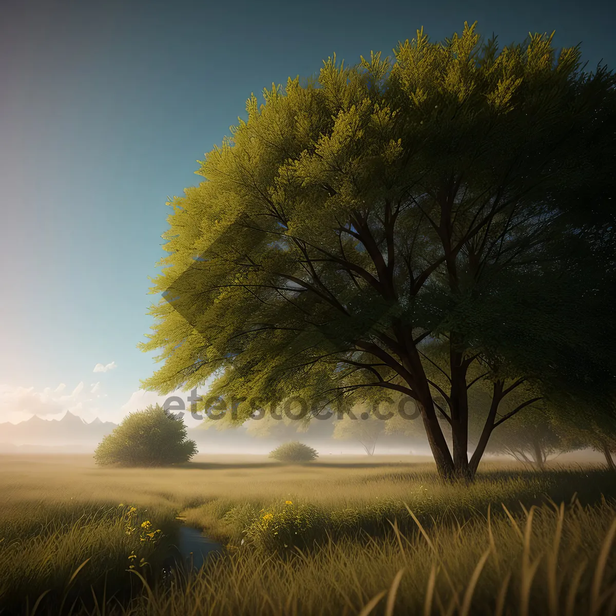 Picture of Autumn Field with Acacia Trees and Cloudy Sky