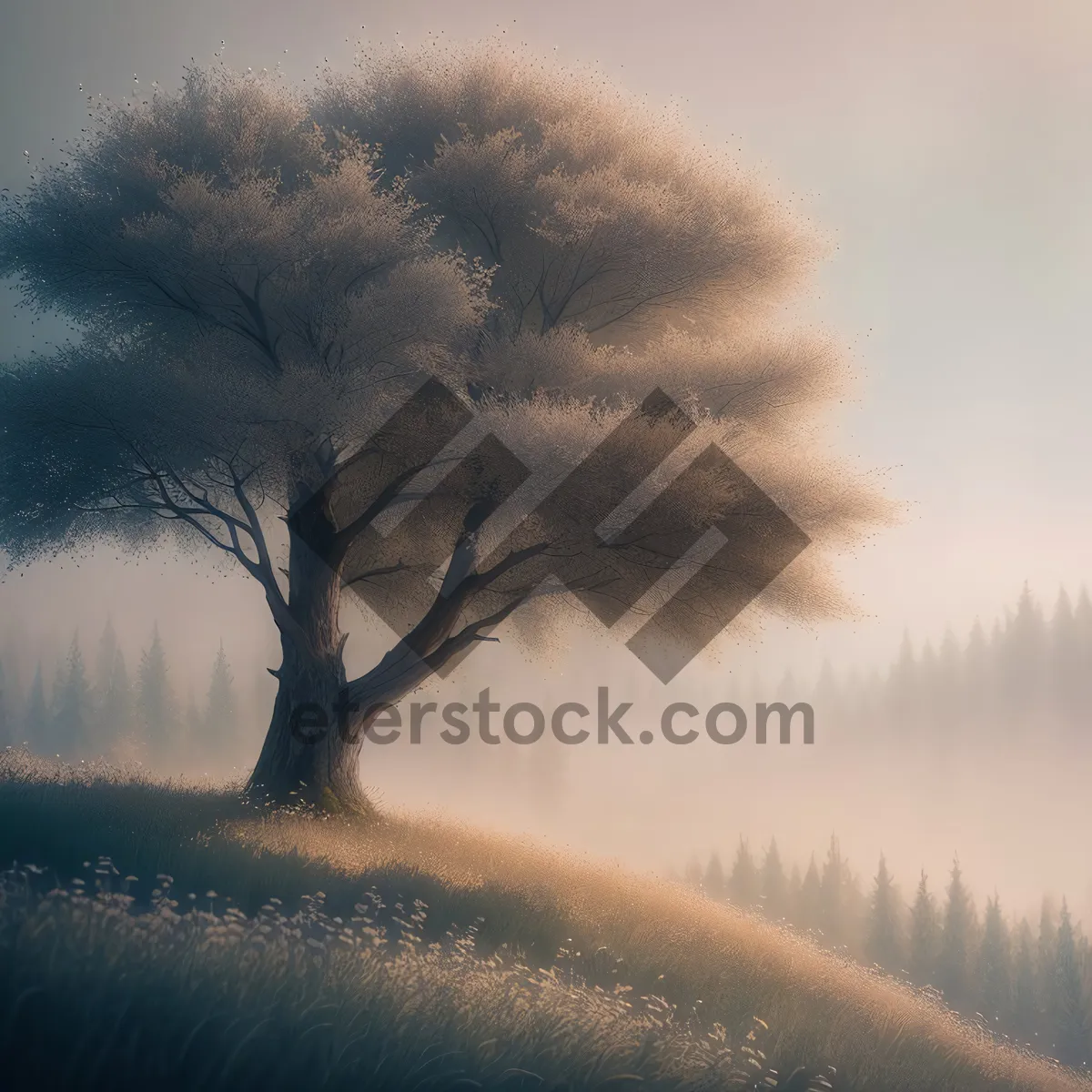Picture of Winter Wonderland- Serene snowy landscape with trees and cloudy sky.