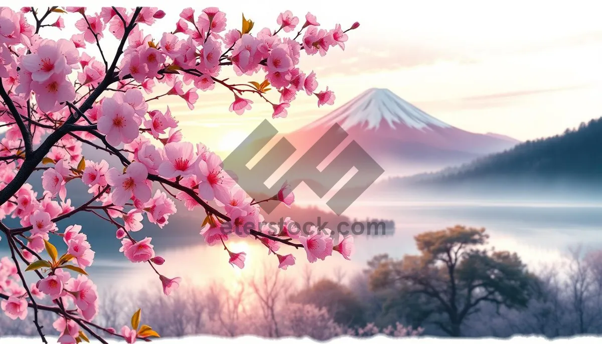 Picture of Pink cherry blossom tree in Japanese garden blooming.