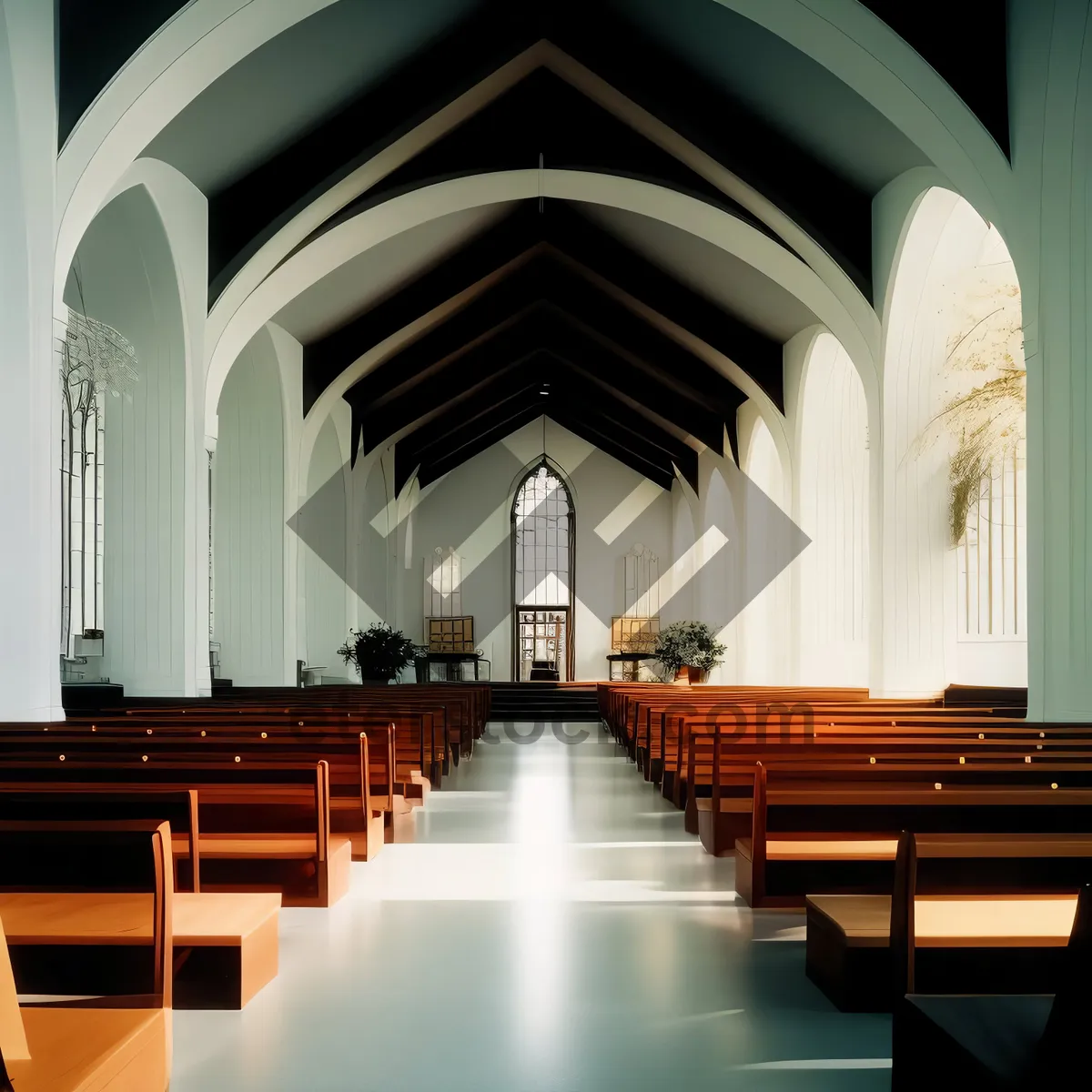 Picture of Historic Cathedral Interior with Stained Glass Windows
