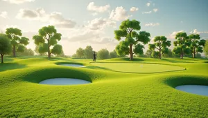 Golfer on rural fairway under clear blue sky.