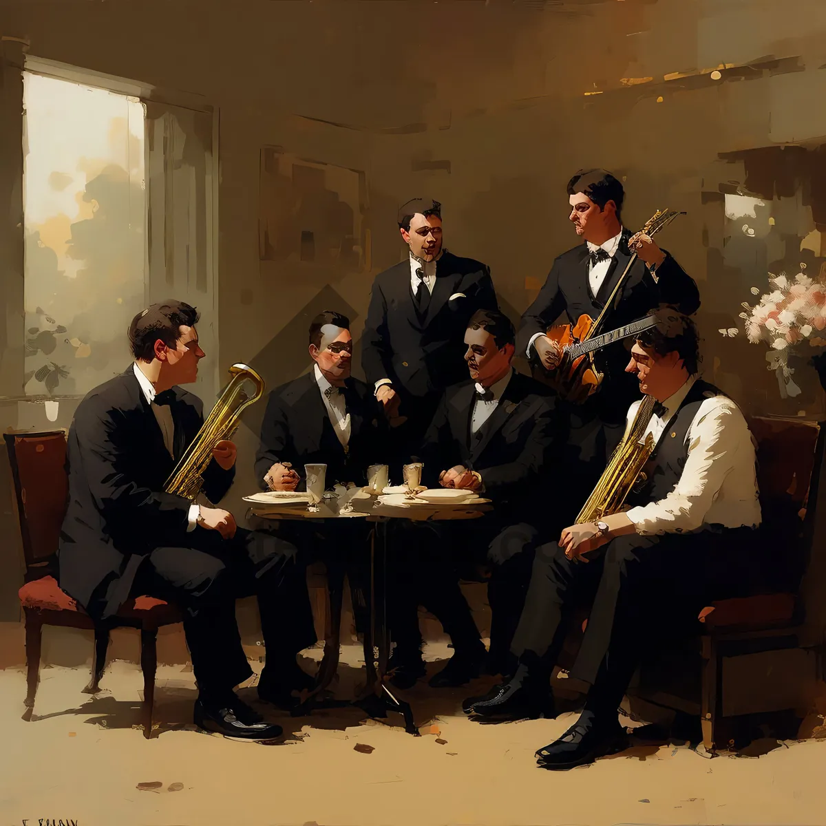 Picture of Happy Businessman and Businesswoman Sitting at Office Desk