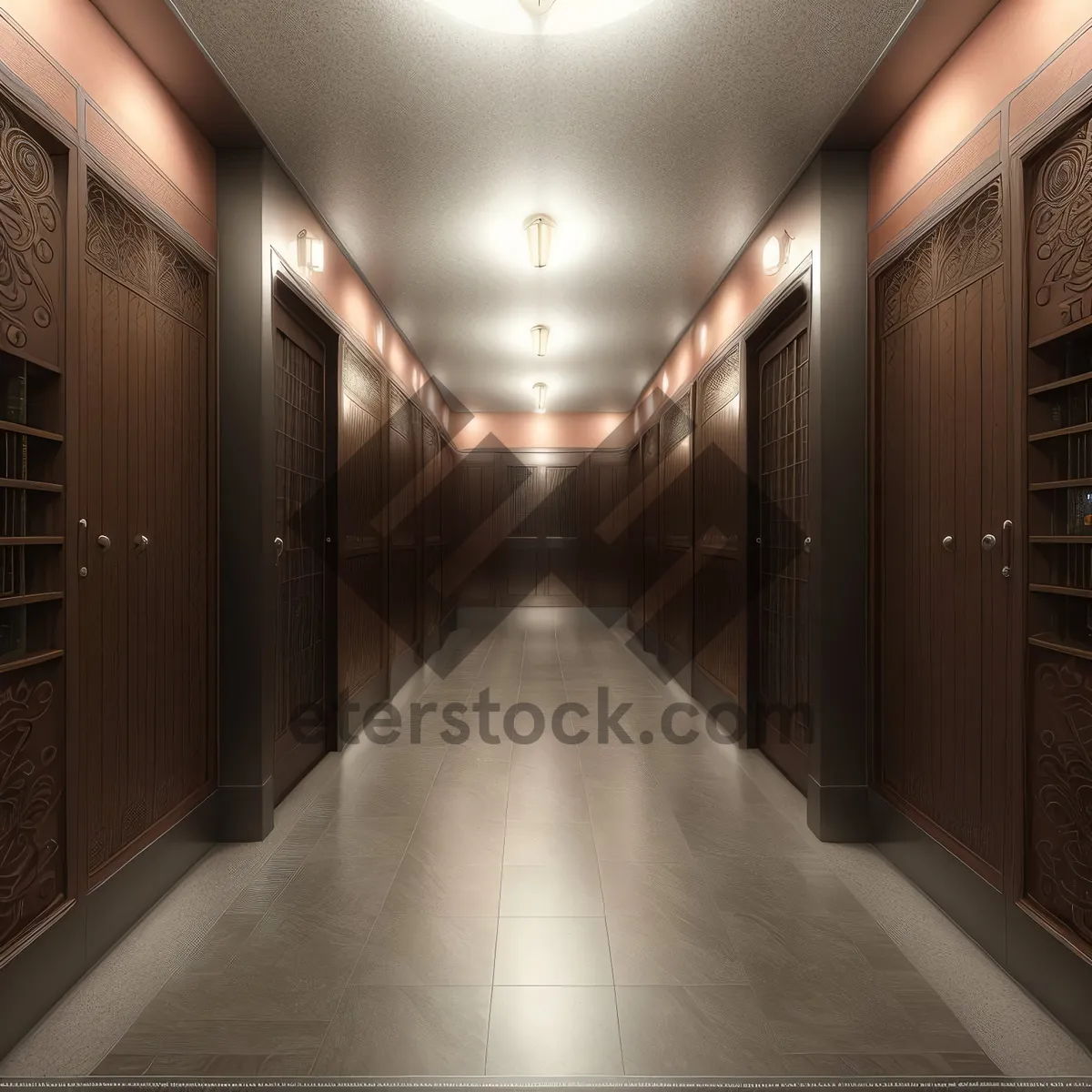 Picture of Modern Interior Hallway with Illuminated Column in Basement
