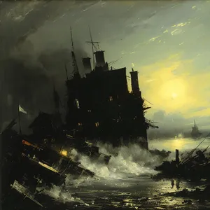 Serenity at Sea: Sunset Shipwreck Amidst City Lights.