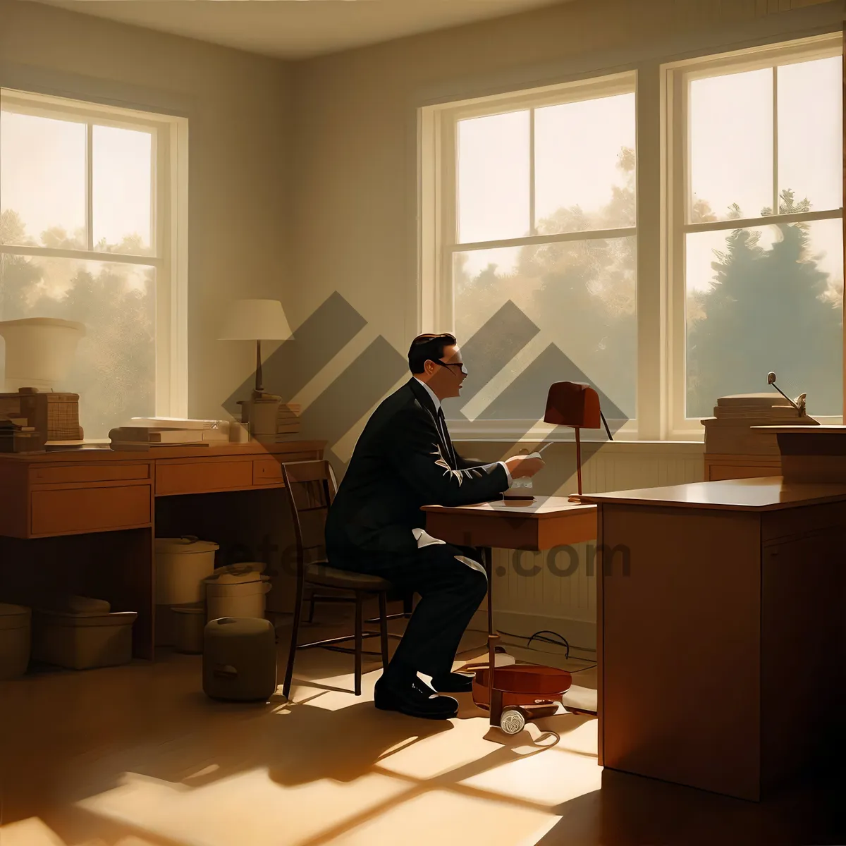 Picture of Businessman working on laptop in modern office interior