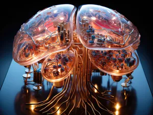 Sci-fi concept. The central computer processor in the form of an artificial brain microchip as the main element of the artificial intelligence system is installed on the motherboard of the supercomputer