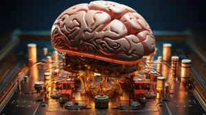 Sci-fi concept. The central computer processor in the form of an artificial brain microchip as the main element of the artificial intelligence system is installed on the motherboard of the supercomputer