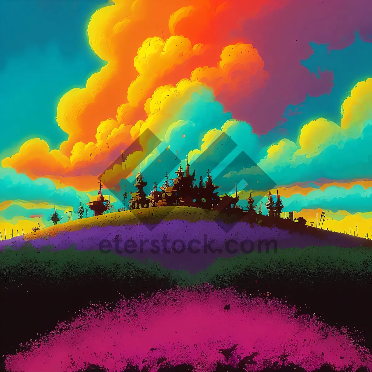 Picture of Vibrant Sunset Sky with Silhouetted Landscape