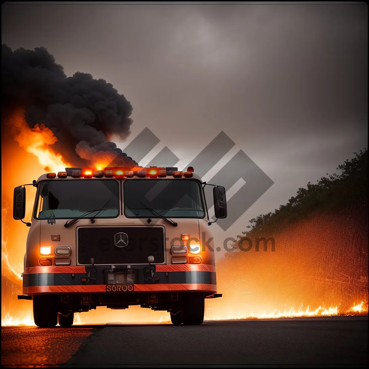 Picture of Fiery Truck Surrounded by Smoke and Danger