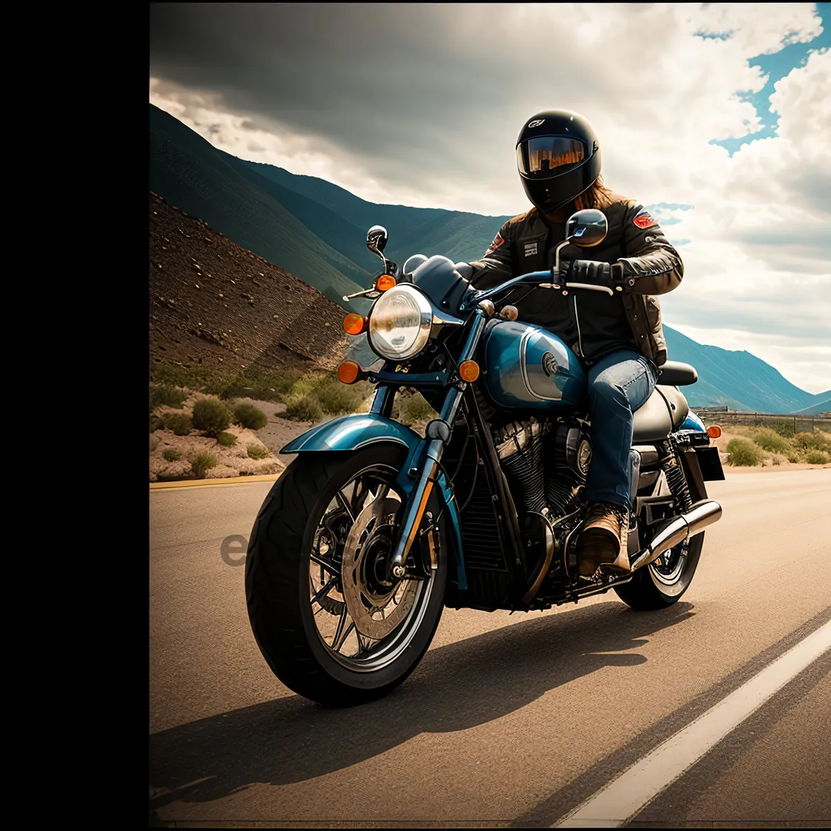 Picture of High-Speed Biker with Protective Helmet on Mountain Road