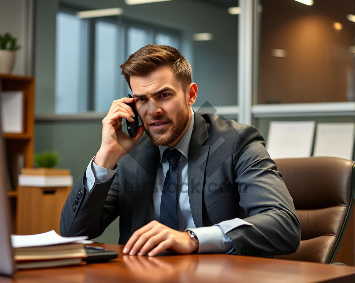 Picture of Happy businessman working on laptop in office.