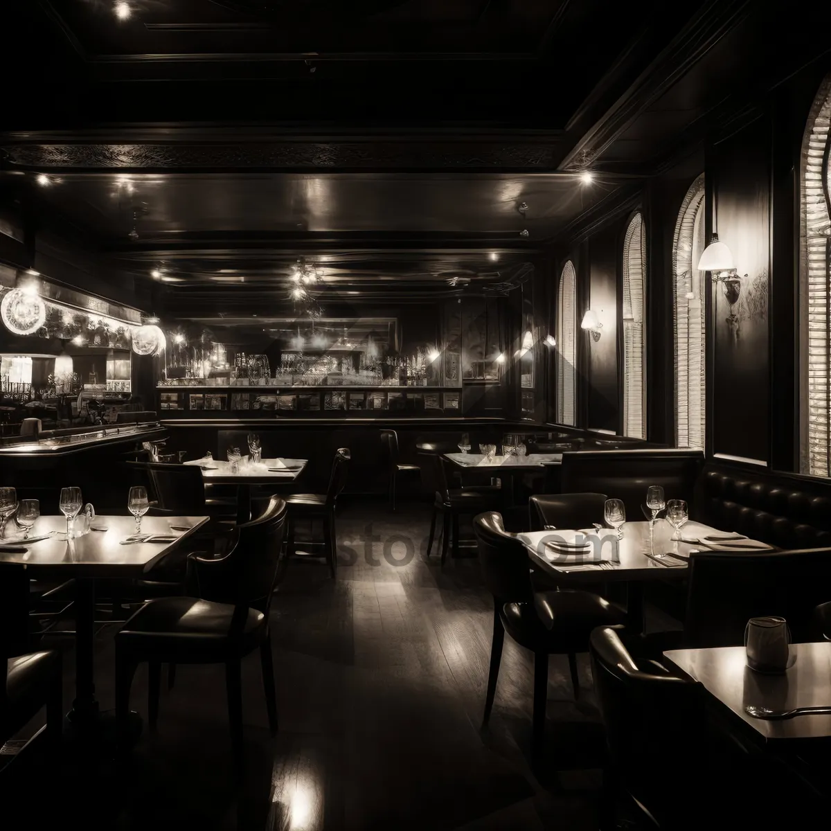 Picture of Modern restaurant interior design with wooden furniture and chairs
