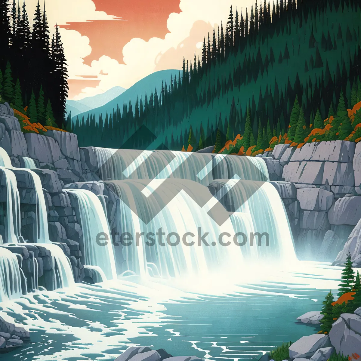 Picture of Serene Waterfall in Majestic Forest
