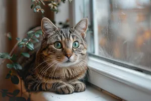 Adorable furry tabby cat perched on windowsill.