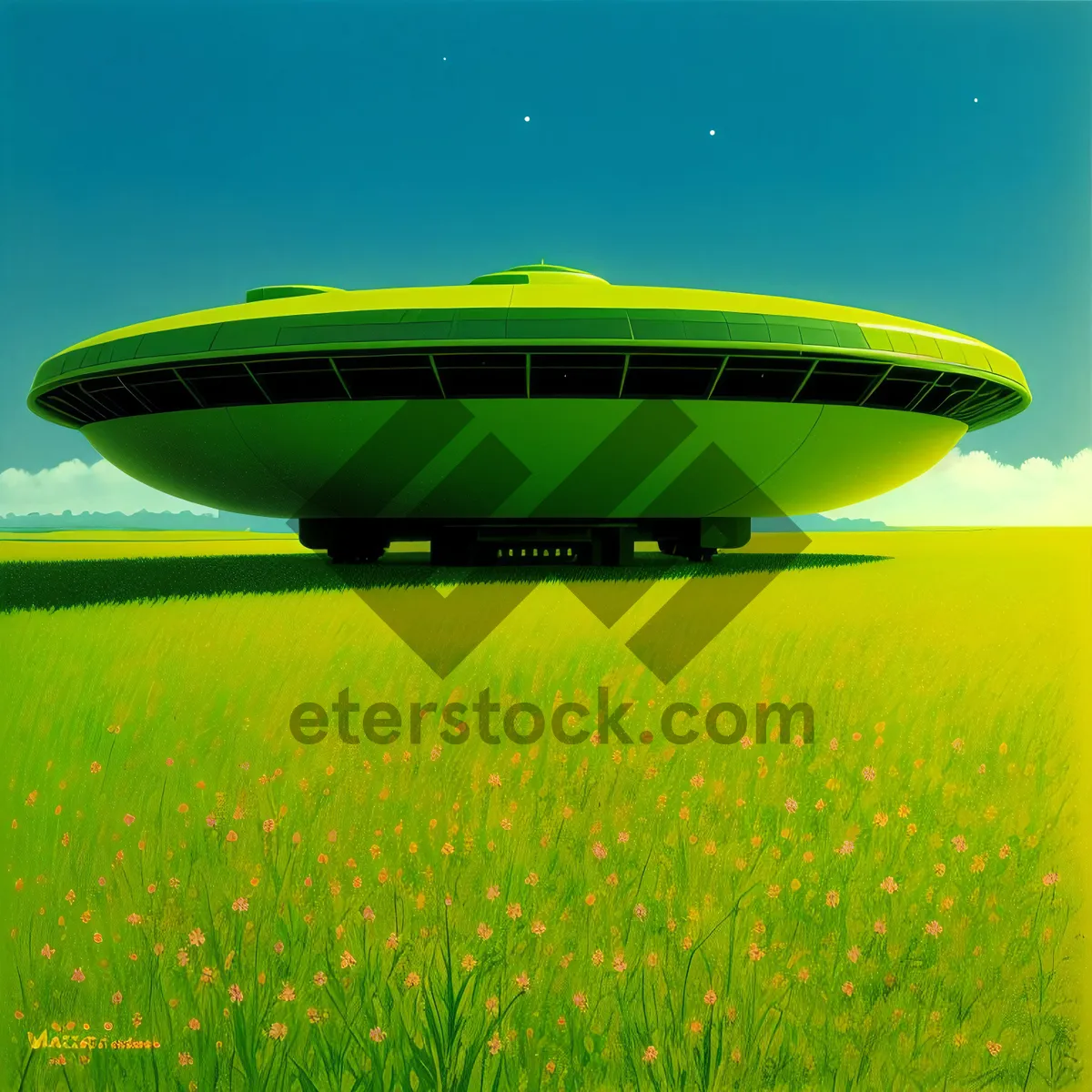 Picture of Sunlit Airship Soaring Over Rural Meadow