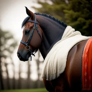 Brown Thoroughbred Horse with Bridle and Saddle Blanket