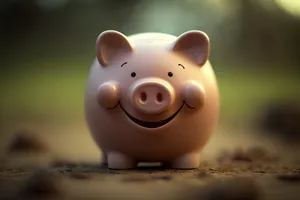 Pink ceramic piggy bank with dollar coins.