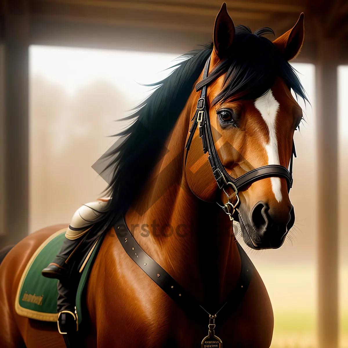 Picture of Thoroughbred Stallion in Brown Bridle Harness