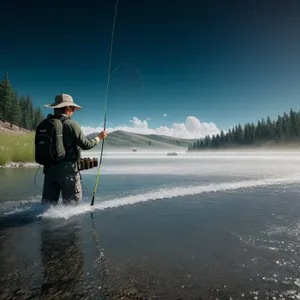 Snowy Mountain Ski Fisherman Reeling in Catch