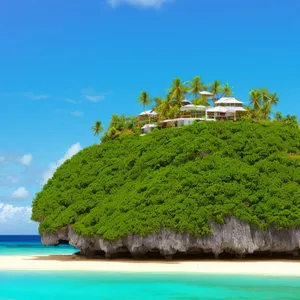 Tropical Paradise: Beachfront Thatch Roof Overlooking Azure Waters