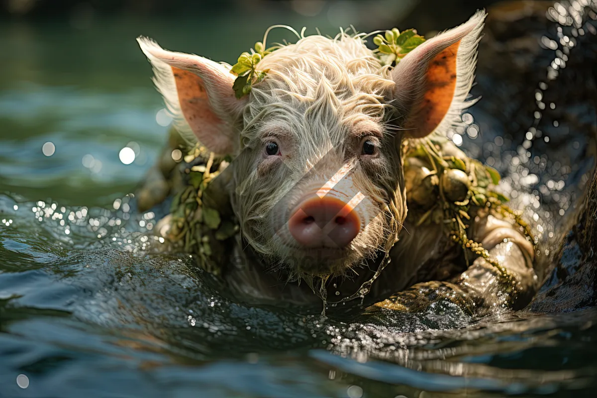 Picture of Cute pink piglet on rural farm grazing on grass.