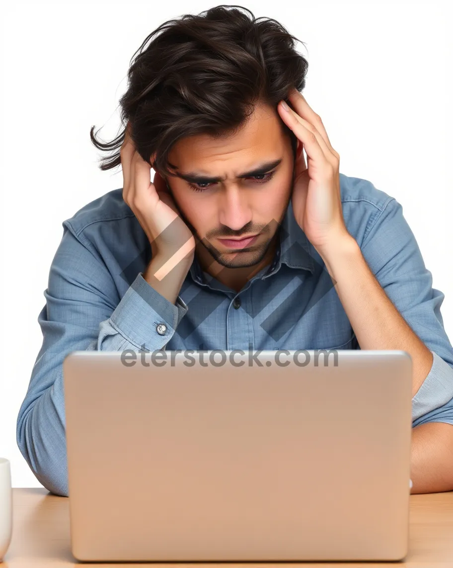 Picture of Cheerful brunette businesswoman sitting with laptop in office