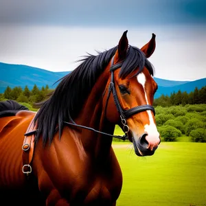 Beautiful Chestnut Stallion Grazing in Rural Field