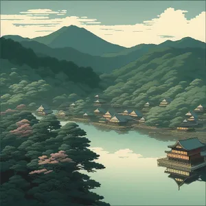 Mountains overlooking city skyline and waterway reflection.