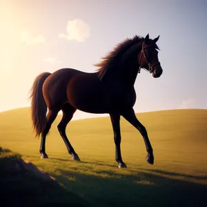 Thoroughbred horse grazing in rural meadow pasture.