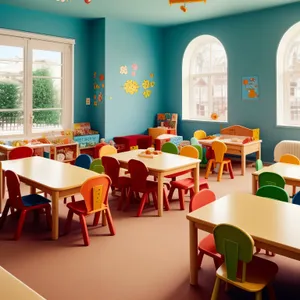 Modern Furnished Restaurant Interior with Wooden Tables and Chairs