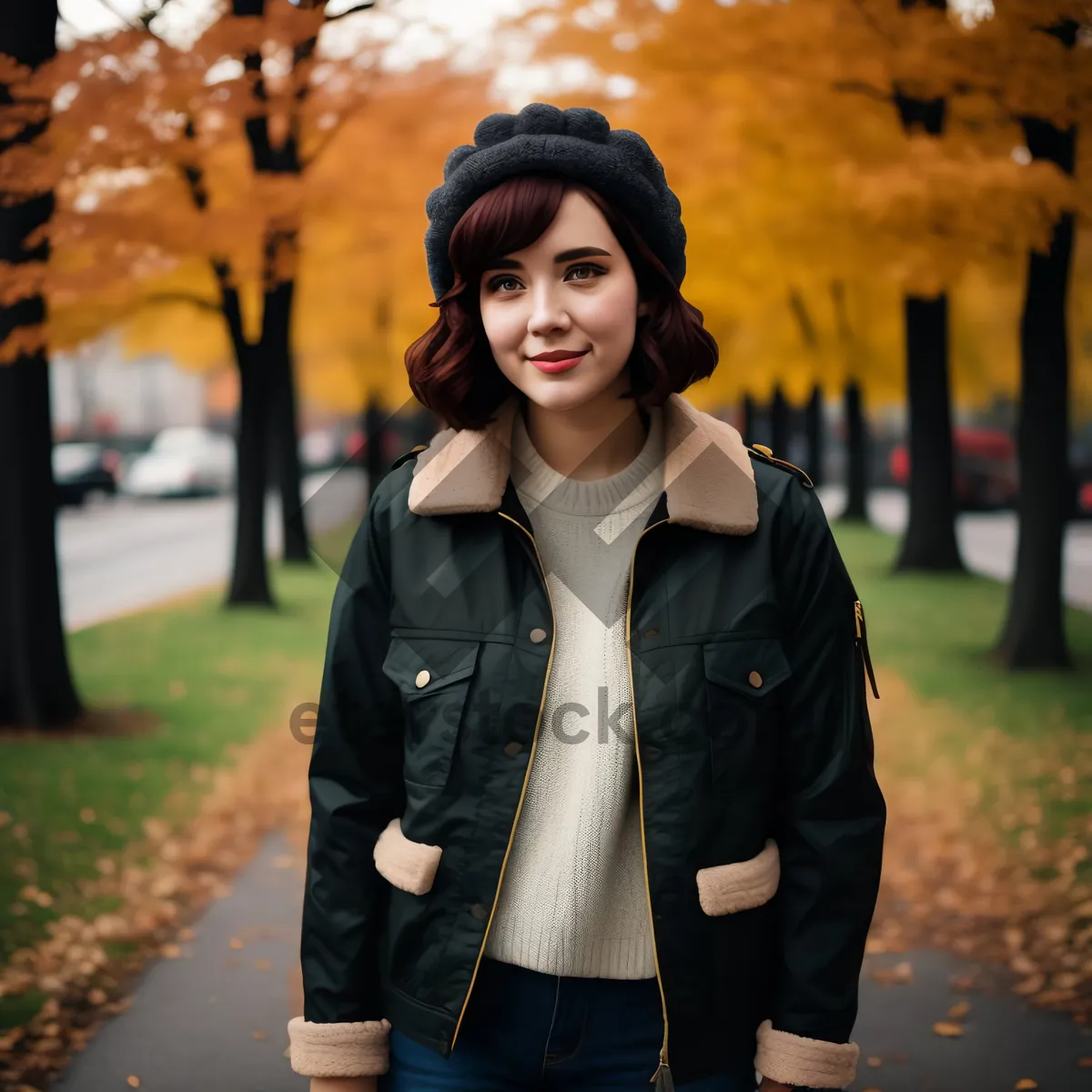 Picture of Pretty brunette model smiling outdoors in tourist location