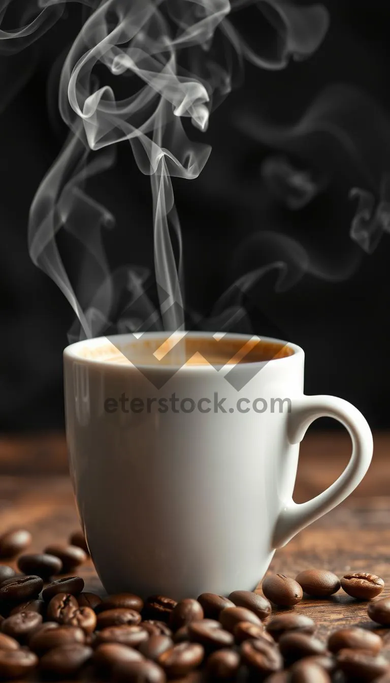 Picture of Dark breakfast coffee cup with spoon on table.