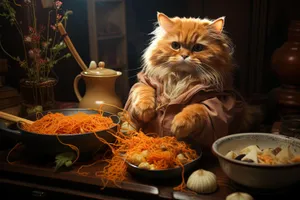 Fluffy Kitty with Playful Eyes at Dinner Time