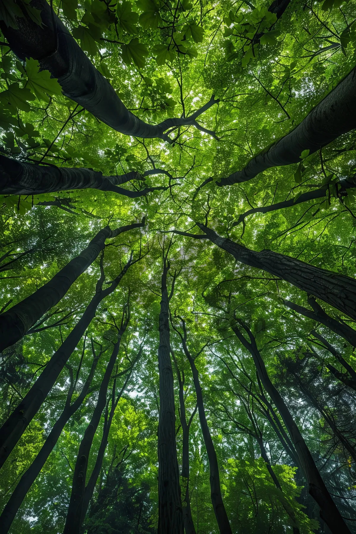 Picture of Tropical forest with lush green foliage in sunlight.