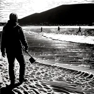 Sunset Silhouette on Beach: Tranquil Coastal Evening