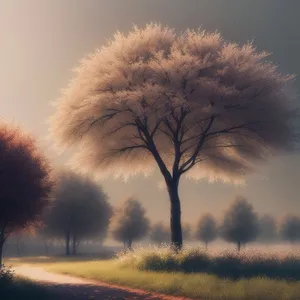 Serene Autumn Landscape with Lonely Acacia Tree