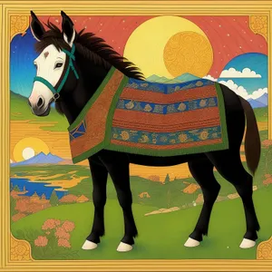 Silhouette of horse with saddle blanket and gear.