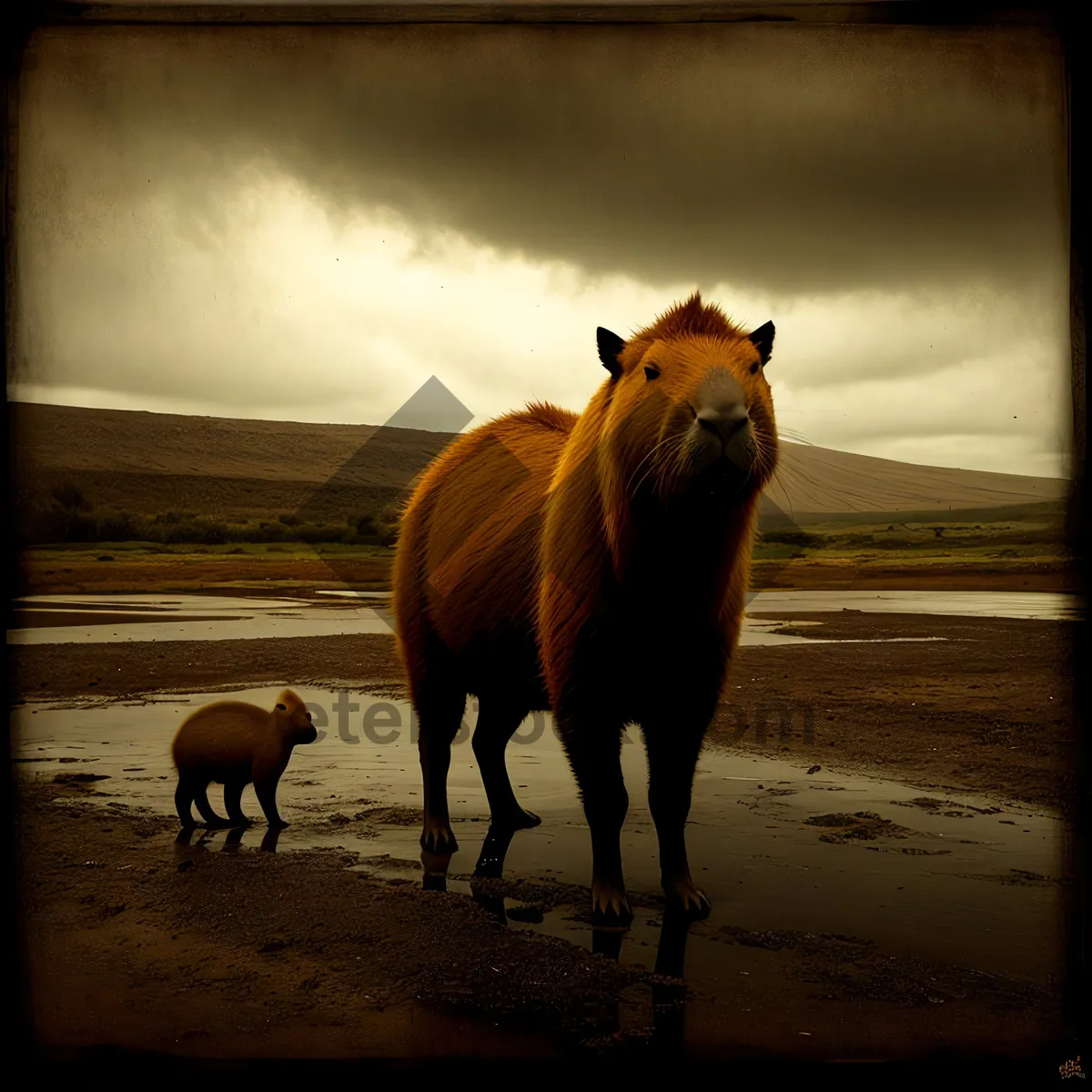 Picture of Brown Bull Grazing in Rural Cattle Farm