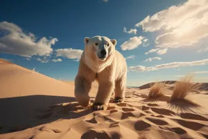 Arctic bear on snowy landscape by the sea shore.