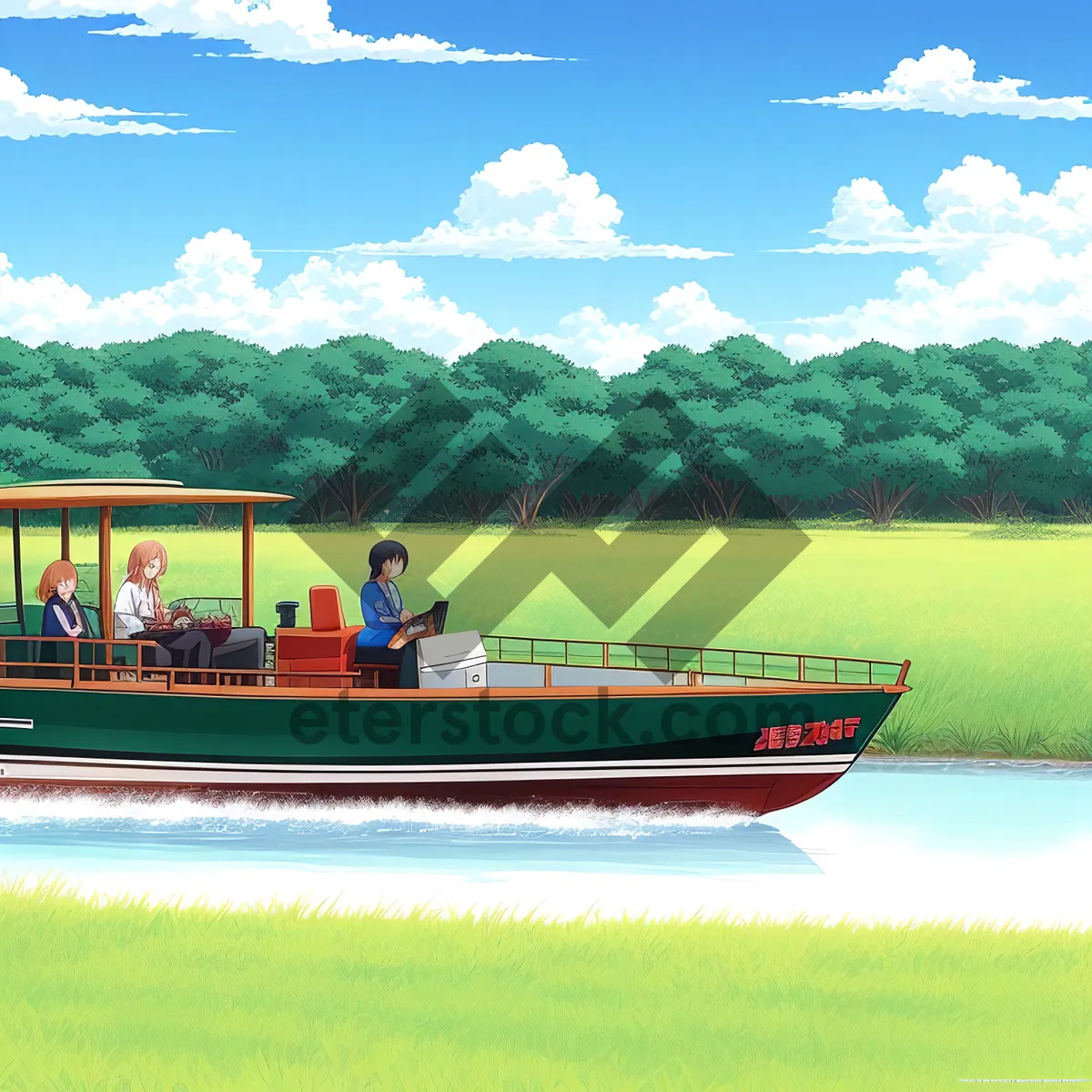 Picture of Serene Country Landscape with Hovercraft Flying over Green Meadow