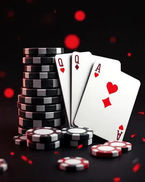 Casino chip stack with poker cards on black counter