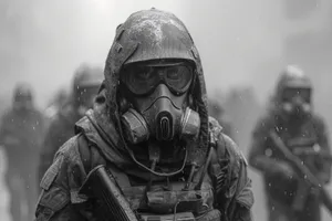 Man in gas mask with gun in camouflage uniform