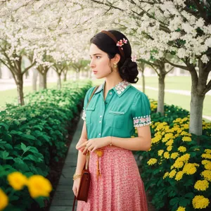 Joyful women in summer garden, wearing aprons