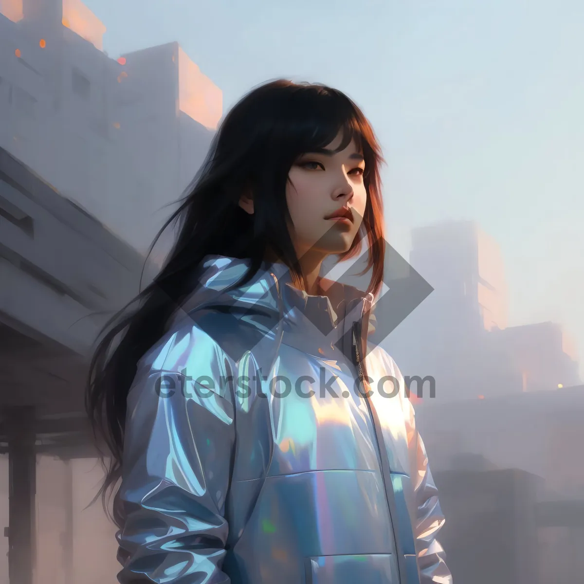 Picture of Attractive brunette model in trench coat smiling