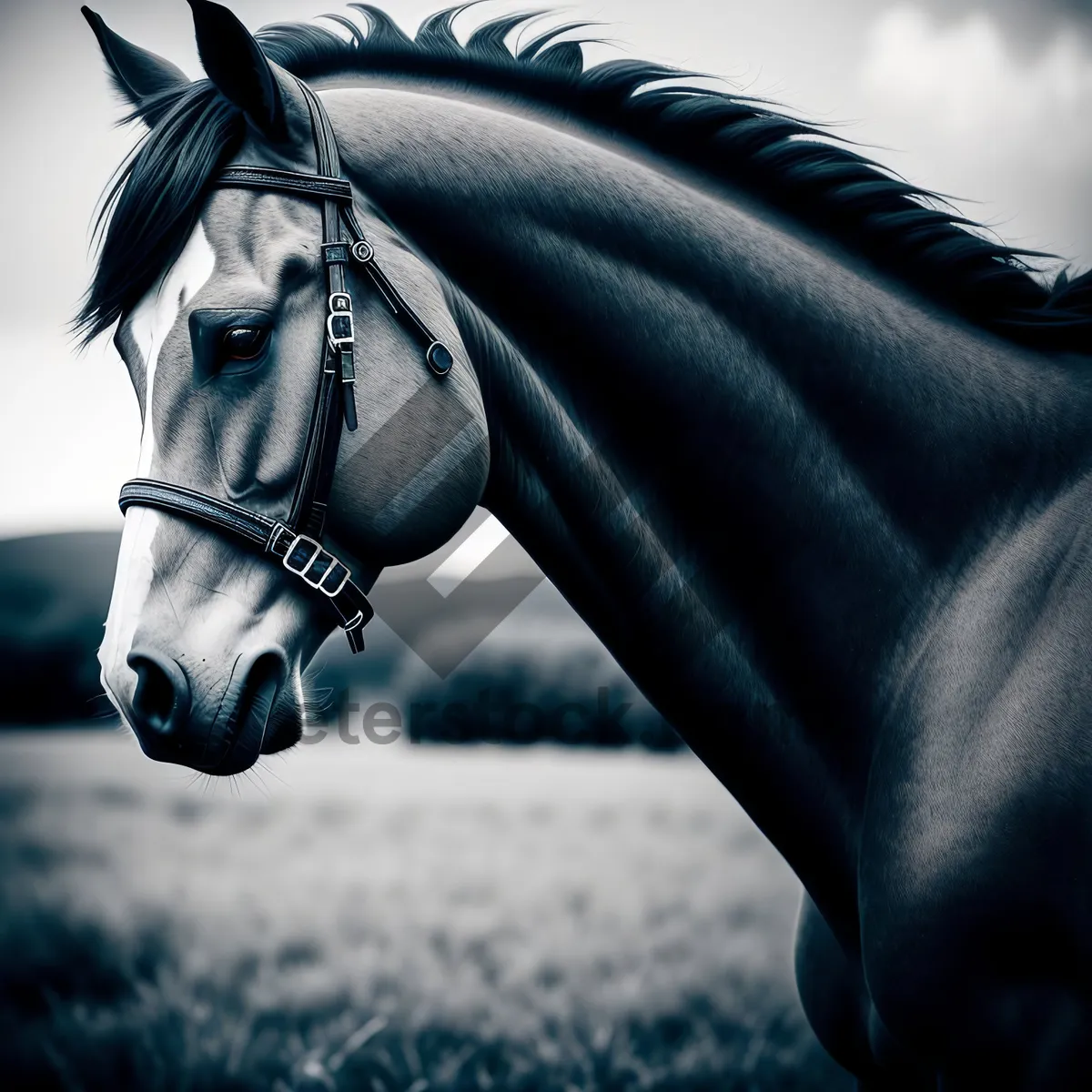 Picture of Thoroughbred Stallion in Bridle and Muzzle