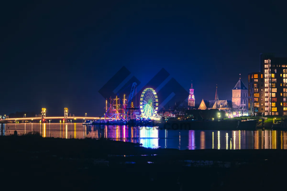 Picture of Night Skyline Reflection on River Waterfront