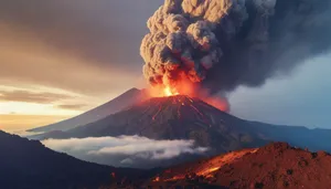 Volcanic mountain landscape at fiery sunset