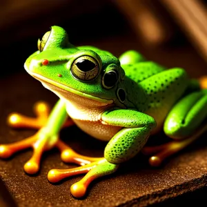 Bulging-eyed Tree Frog Peeping from Orange Leaf