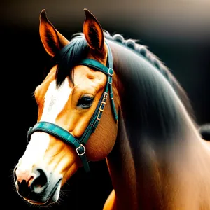 Thoroughbred stallion posing with bridle and headgear.